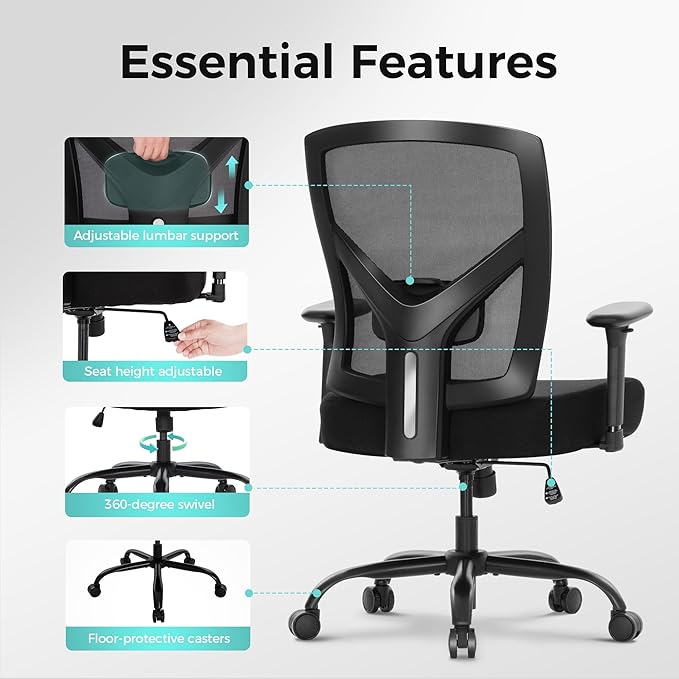 ALPHA HOME Heavy Duty Office Chair Ergonomic, Mid Back Mesh Computer Chair with Lumbar Support, Desk Chair Adjustable Armrest & Seat Cushion, SGS Certified