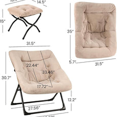Comfy Saucer Chair for Adults, Soft Faux Fur Bedroom Chair with Ottoman, Accent Dorm Chairs, Living Room Reading Chairs and Footstool, Folding Lounge Seat for Teens, X-Large, Light Khaki