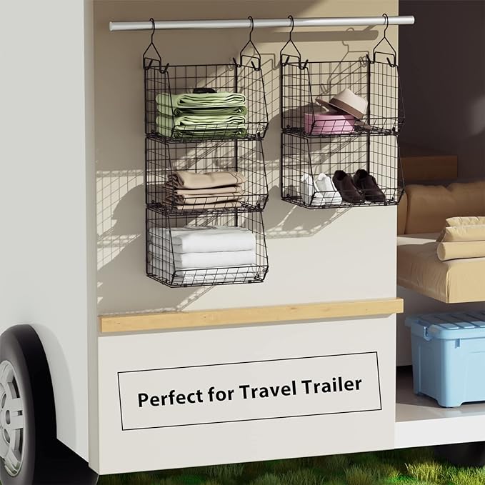 4 Tier Closet Hanging Organizer, Closet Organizers and Storage with 5 S Hooks, Closet Hanging Shelves & Freestanding Wire Storage Basket Bins, for Clothing Shoes Handbags Clutches Accessories Patent