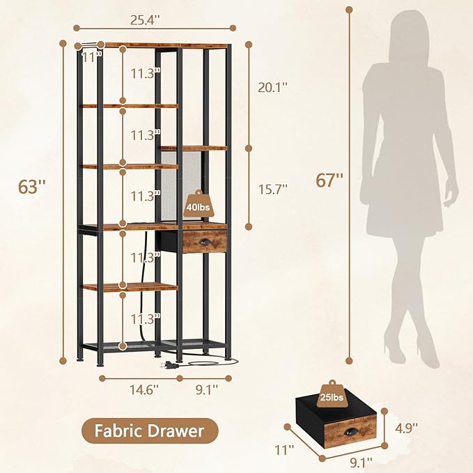 Furologee 6 Tier Bookshelf with USB Ports and Power Outlet, Book Shelf with Charging Station, Bookcase with Drawer, Storage Shelves for Bedroom, Home Office, Living Room, Bathroom, Rustic Brown
