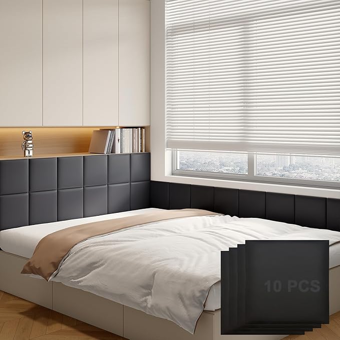 Yutianli 3D Anti-Collision Wall Padding for Kids Peel and Stick Headboard Wall Panels Pack of 10 Sized 11.8"x 11.8" Black Self-Adhesive Panels for Playroom Bedroom Upholstered Wall