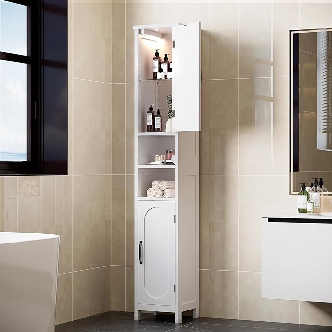 67" Tall Bathroom Storage Cabinet with Lights, Slim Narrow Bathroom Cabinet Organizer with Doors and Adjustable Shelves, Tall Cabinet for Small Space (66.9" Tall-White with Light, 1 Pack)