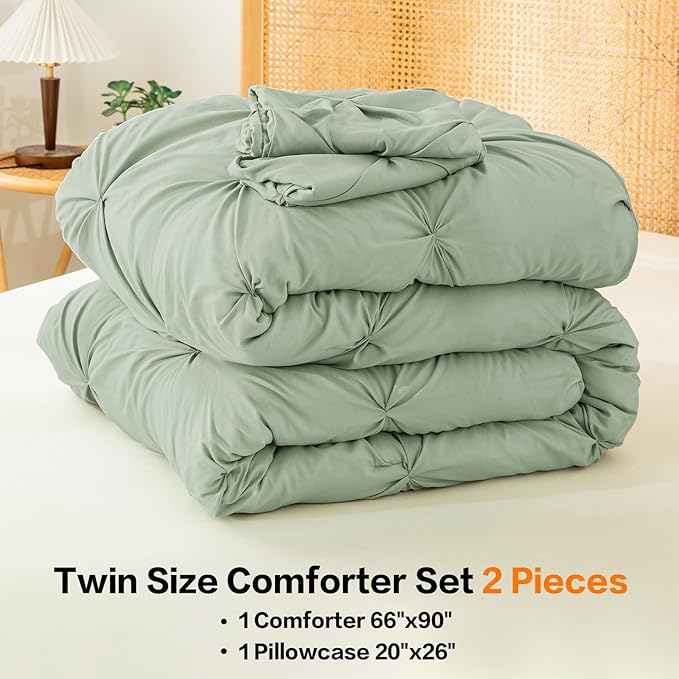 Andency Sage Green Comforter Twin(66x90Inch), 2 Pieces(1 Pintuck Comforter, 1 Pillowcase) Microfiber Pinch Pleat Comforter Set Twin Size, Lightweight and Soft Bedding Comforter Set