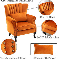 Velvet Accent Chairs Set of 2 with Arm Comfy Living Room Chair Mid-Century Modern Wingback Side Chair Single Sofa Couch for Bedroom Guest Room, Orange