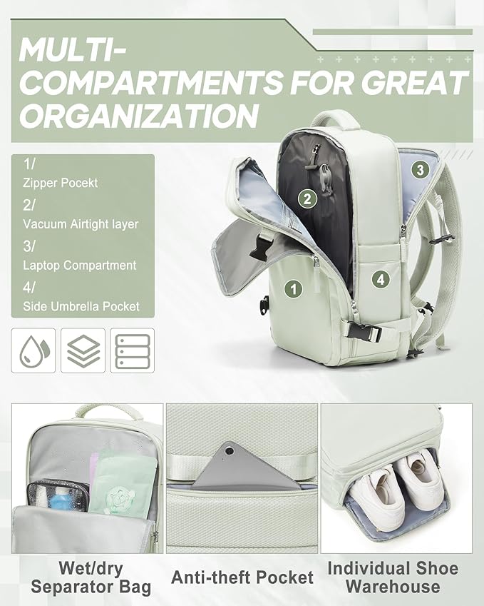 suwasp Vacuum Compression Backpack, 45L Expandable Travel Backpack with Electric Vacpack Pump, Travel Vacuum Bags with Shoe Compartment/17inch Laptop Compartment/USB Port, Mintgreen