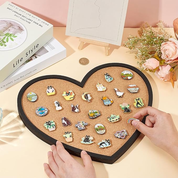 BENECREAT Pin Board Heart Cork Board Bulletin Display Board, 0.6inch Thick Wall Mounted Cork Board for Brooch Pin Storage, Office Home Festival Valentine's Decor, 11.8x10.2inch