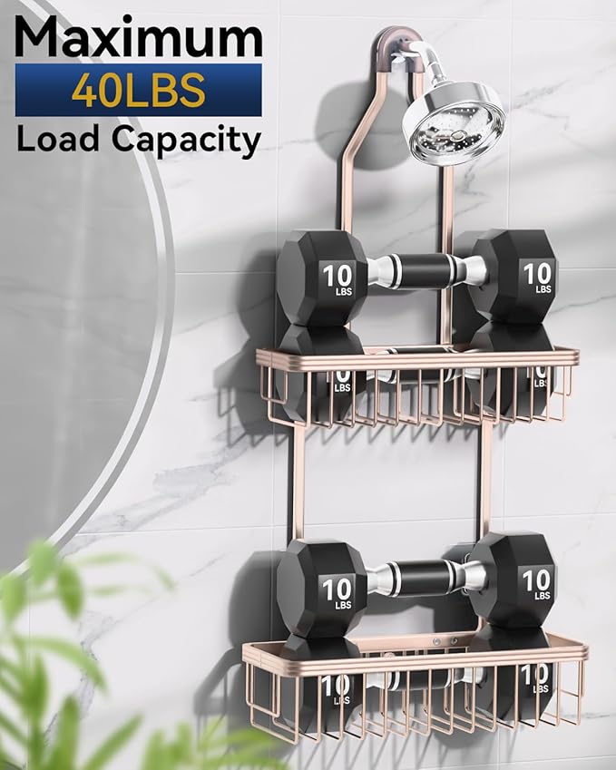 YASONIC Shower Caddy Hanging, Never Rust Shower Organizer Hanging, Aluminum Shower Racks for Inside Shower with Hooks for Razor, Bathroom Organizers and Storage with Soap Holder, Rose Gold