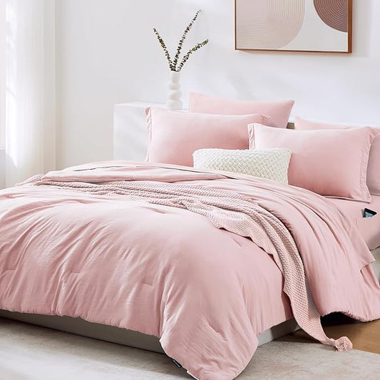 WRENSONGE Full Size Comforter Set- 7 Pieces Soft Pink Bed in a Bag Full Size Comforter with Fitted Sheet, Flat Sheet, 2 Pillow Shams, 2 Pillowcases, Warm Bedding Sets for All Season