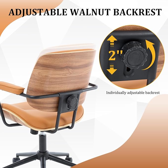 BV Mid Century Modern Office Chair Set of 1, Swivel Rolling Deak Chair with Armrests and Walnut Back, Adjustable Desk Chair for Home Office, Brown