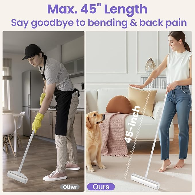 14.17" Extra Large Lint Rollers for Pet Hair, DELOMO Sticky Rollers for Floor with 3 Extendable Handle & 4 Refills (200 Sheets), Long Handle Sticky Mop for Cleaning Carpets, Couches, Furniture, Cars