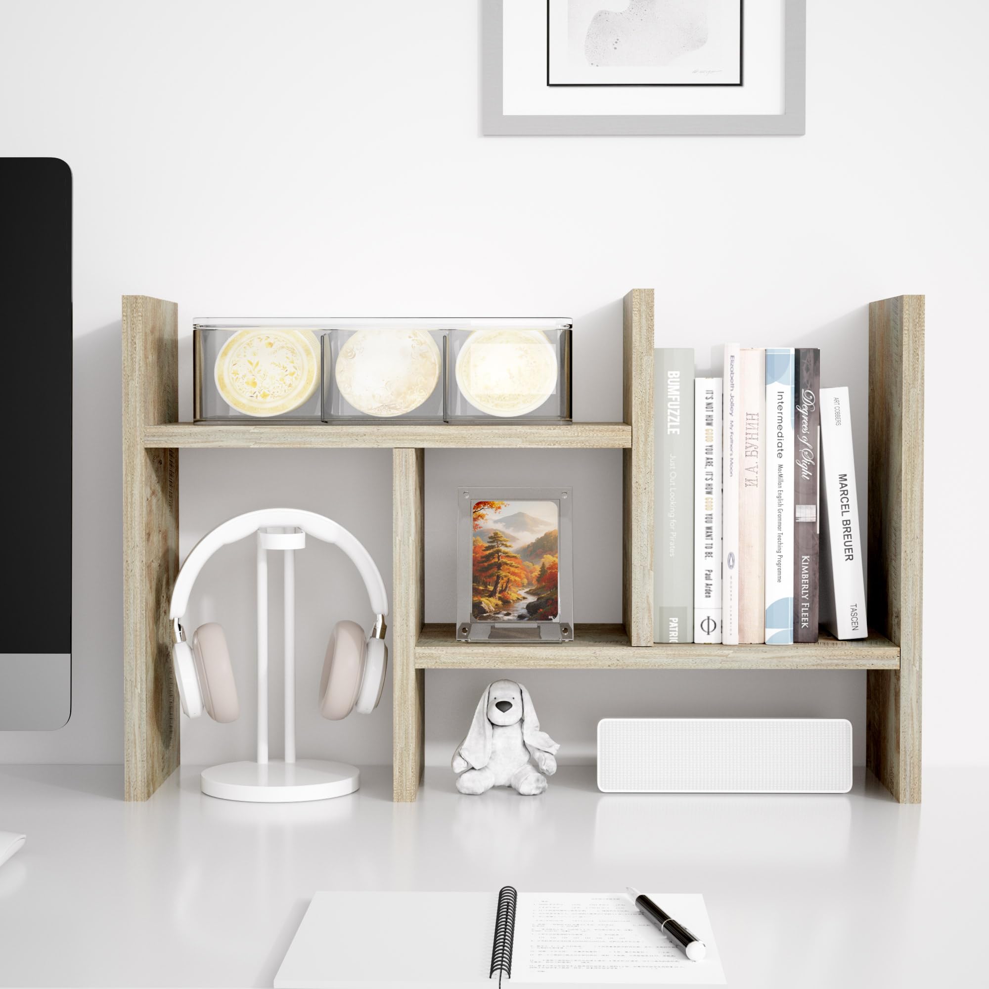 Jerry & Maggie Desktop Organizer Office Storage Rack Adjustable Wood Display Shelf Free Style Double H, Multi-Functional Mini Bookshelf for Desk Natural Stand (Violet) Dormly