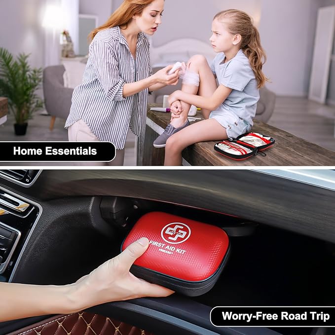 Mini First Aid Kit - 150 Piece Small Waterproof Hard Shell Medical Kit for Home, Car, Travel, Camping, Truck, Hiking, Sports, Office, Vehicle & Outdoor Emergencies- Small First Aid Medical Kit (Red)