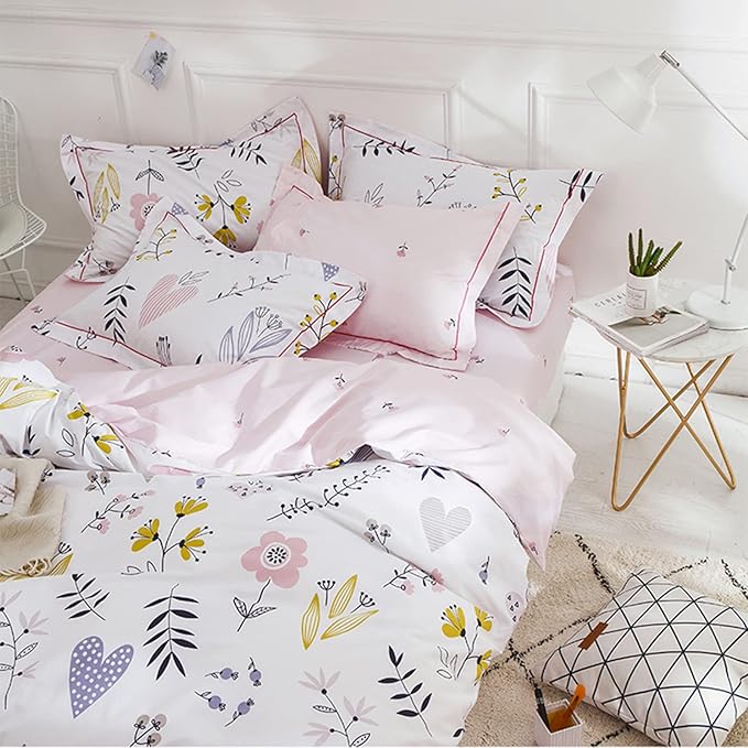 HighBuy Girls Duvet Cover Full Size Bedding Sets Floral Aesthetic Coquette Bedding Set White Pink Premium Cotton Teens Flower Bedding Sets Kids Comforter Cover Soft Branches Full Pink