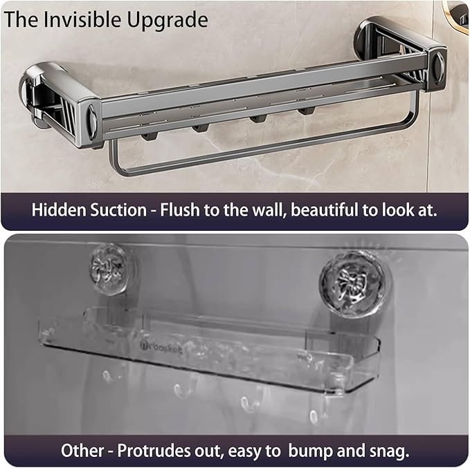 20" Shower Caddy Suction Cup, Concealed Shower Shelves Suction Cup with Hooks & Towel Bar, NO-Drilling Suction Shelf for Bathroom & Kitchen - Gray