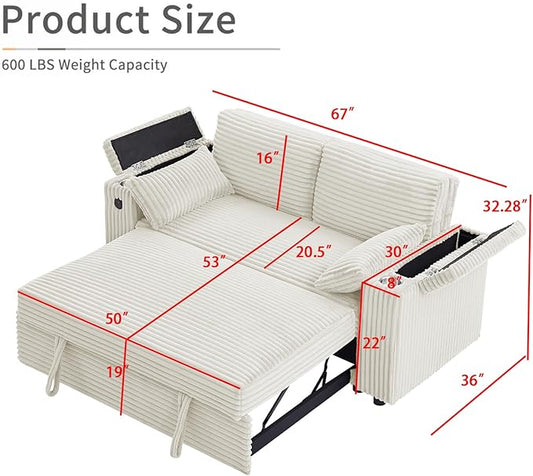 68.11" Corduroy Sleeper Chair Bed with USB Port, Cup Holders & Side Storage Pockets – 3-in-1 Foldable Sofa Bed for Guest Room, Living Room – White
