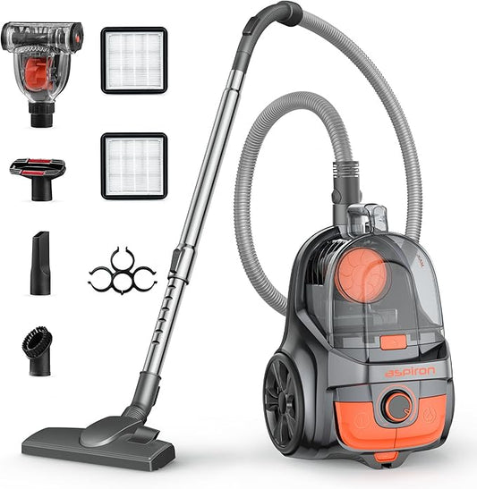 Aspiron Canister Vacuum, Upgraded 1600W Bagless Canister Vacuum Cleaner, Auto Cord Rewind, H13 HEPA Filter, 4Qt Large Capacity, 5 Tools for Hard Floors, Carpet, Pet, Upholstery, Tiles, Apricot