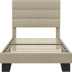 SHA CERLIN Twin Platform Bed Frame with Upholstered Fabric Headboard, Mattress Foundation with Strong Wooden Slats Support, No Box Spring Needed, Beige