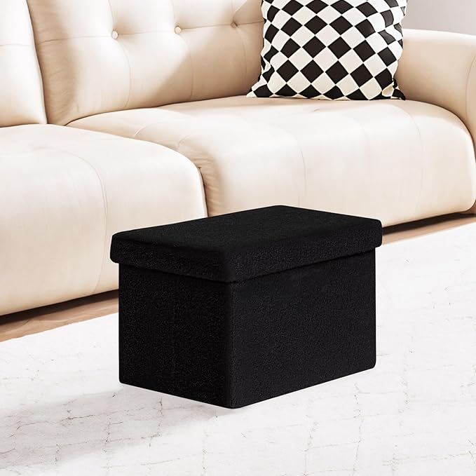 PINPLUS Storage Ottoman Cube Ottoman Foot Rest,Small Foldable Portable Boucle Upholstered Sherpa Ottomans, Faux Teddy Fur, Black 16.5"x12.6"x12.6"