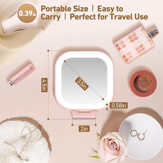 Travel Mirror with Light, 1x/30x Magnifying Mirror with 3 Color Lights and Adjustable Brightness, 4.5x3.9 inch Small Compact Hangable Hand Pocket 3 Way Mirrors, Comes with Tweezer