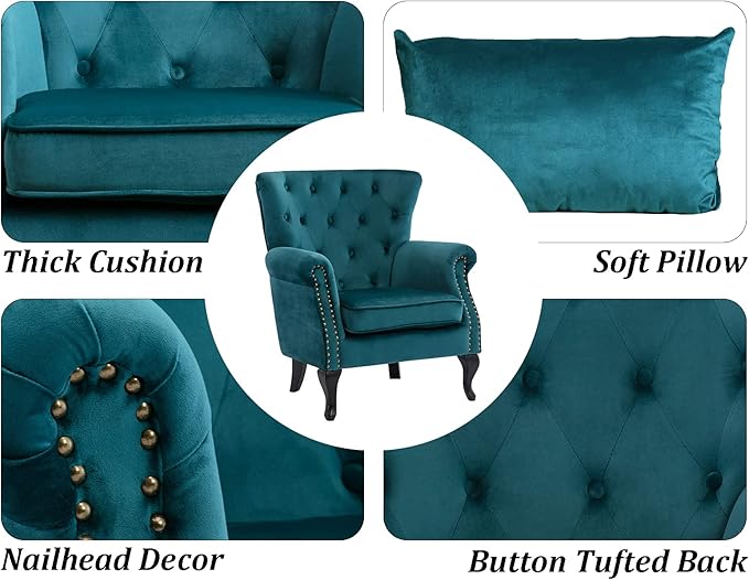 Mid Century Accent Chair Modern Button Tufted Armchair Wingback Club Chair Velvet Single Sofa Lounge Chair with Pillow for Living Room Bedroom, Teal Blue