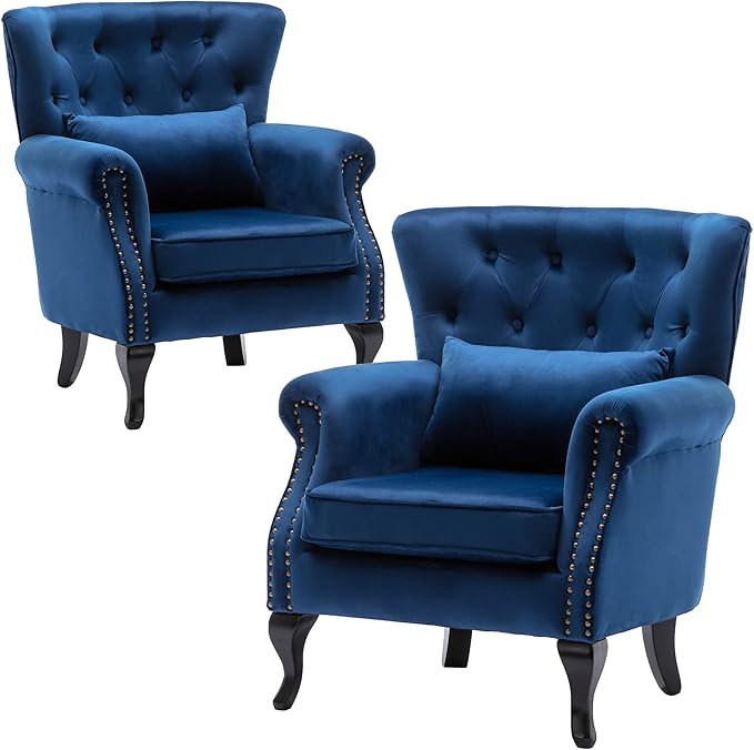 Set of 2 Mid-Century Modern Accent Chair, Velvet Armchair w/Tufted Back/Wood Legs, Upholstered Lounge Arm Chair Single Sofa for Living Room Bedroom, Blue