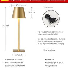 KDG 2 Pack Cordless Table Lamp, Portable LED Desk Lamps, 5000mAh Battery Operated, 3 Color Stepless Dimming Up, for Restaurant, Bedroom, Outdoor Camping, Coffee Shop, Night Light, Rechargeable (Gold)