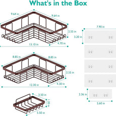 YASONIC Corner Shower Caddy, 3-Pack Adhesive Shower Caddy with Soap Holder and 12 Hooks, Rustproof Stainless Steel, No Drilling Wall Mounted Rack Organizer, for Bathroom, Bronze