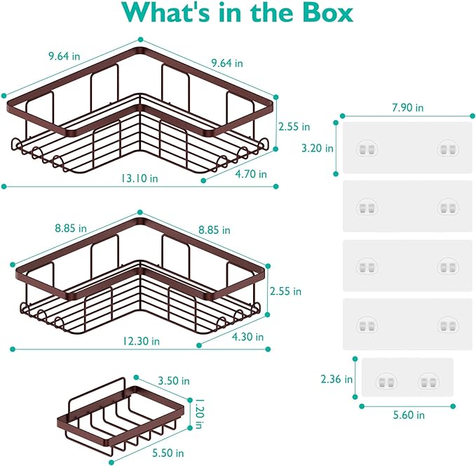 YASONIC Corner Shower Caddy, 3-Pack Adhesive Shower Caddy with Soap Holder and 12 Hooks, Rustproof Stainless Steel, No Drilling Wall Mounted Rack Organizer, for Bathroom, Bronze