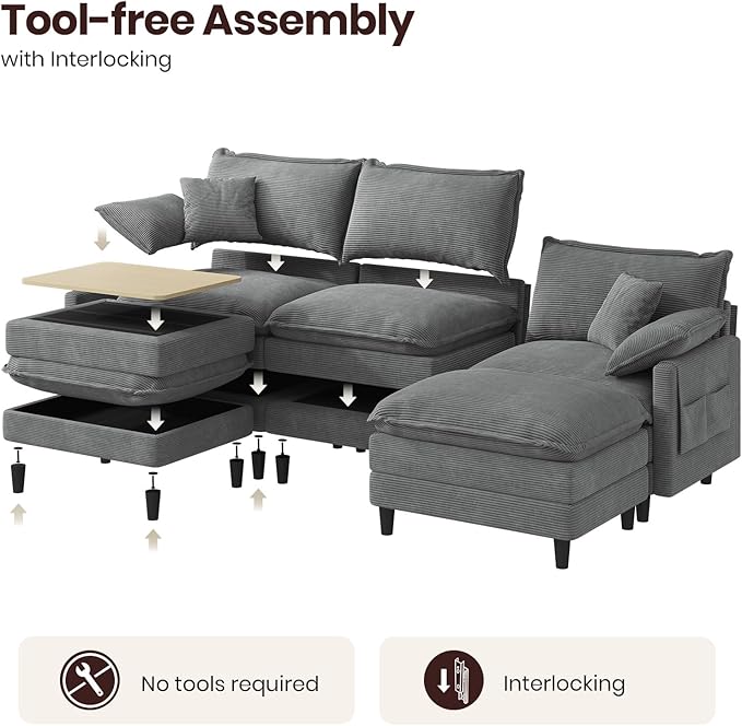 108" U Shaped Modular Sectional Cloud Couch with Two Ottoman, Snap-on Easy Installation 5-Piece Deep Seat Sofas with Storage Bag and Coffee Table for Living Room, Corduroy, Gray