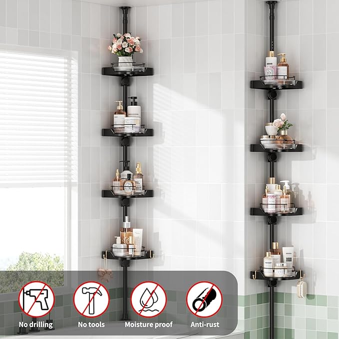 Corner Shower Caddy Tension Pole, 4 Tiers Rotating Shower Organizer for Bathroom Shelf Bathtub, Adjustable Standing Shower Rack Bathroom Accessories, Easily Assemble, 34-124 Inch Height,Black