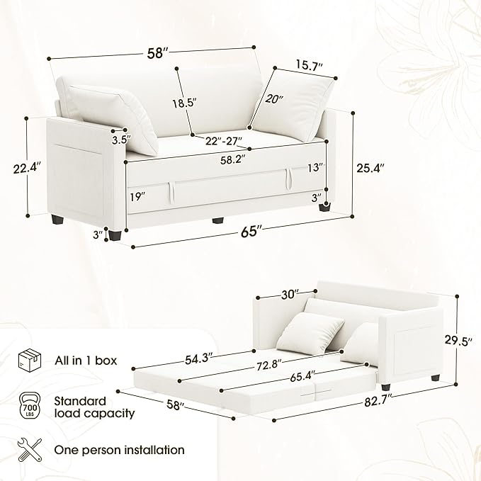 65" Convertible Loveseat Sofa Bed, 2-in-1 Folding Sofa Bed with 2 Pillow for Small Spaces, Modern Loveseat Sleeper Couch for Apartment, Living Room & Guest Room (Beige Chenille, 65 inch)