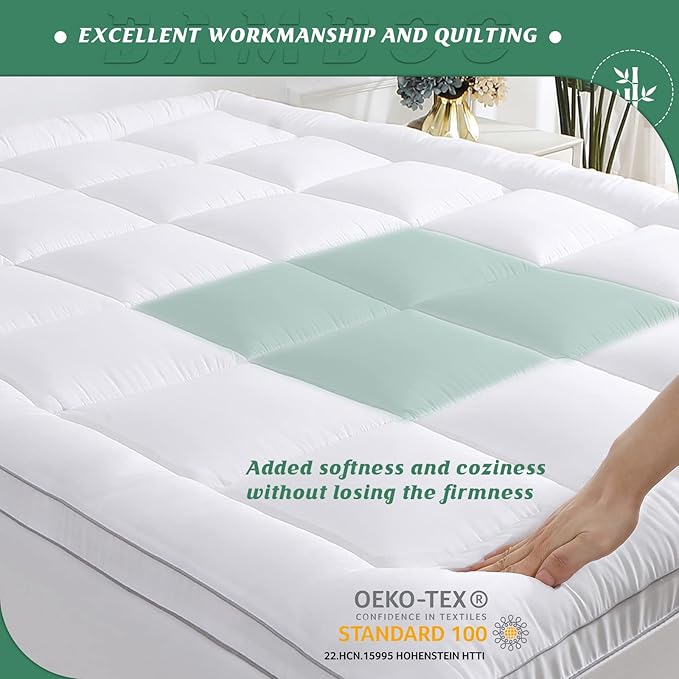 GRT Pillowtop Mattress Topper Queen Size, Rayon from Bamboo Mattress Cover Padded with 900gsm 3D Snow Down Alternative Filling, Extra Thick Mattress Pad Queen for Back Pain
