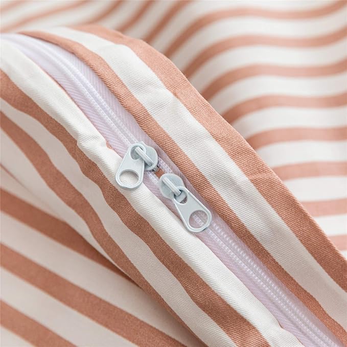 JELLYMONI 100% Natural Cotton 3pcs Striped Duvet Cover Sets,White Duvet Cover with Pink Stripes Pattern Printed Comforter Cover,with Zipper Closure & Corner Ties(Full Size)