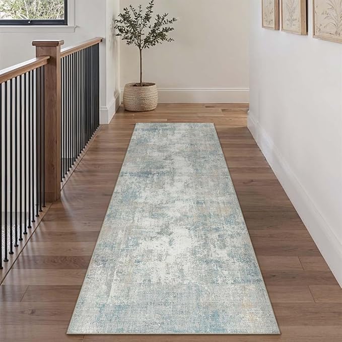 3x10 Washable Runner Rug Blue Cream Abstract Hallway Kitchen Throw Rug Neutral Modern Non Slip Soft Low Pile Lightweight Carpet for Bathroom Laundry Bedroom Living Room