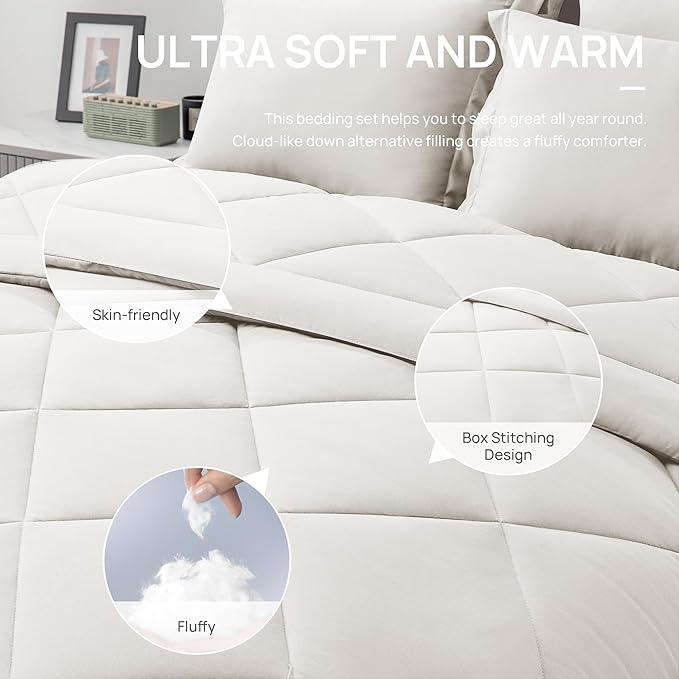 Love's cabin King Size Comforter Set Off White, 7 Pieces King Bed in a Bag, All Season Bedding Sets with 1 Comforter, 1 Flat Sheet, 1 Fitted Sheet, 2 Pillowcase and 2 Pillow Sham