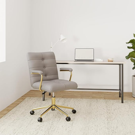 Velvet Home Office Desk Chair, Upholstered Adjustable Swivel Task Chair with Wheels, Tufted Mid-Back Computer Chair with Arms, for Study Living Room Vanity (Grey, Gold Base)