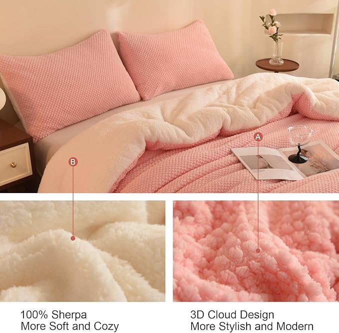 3D Jacquard Design Comforter Set, Ultra-Soft Warm Twin Size Sherpa Fur Plush 2-Pieces Sets Luxury Cozy Bedding with 1 Pillowcase (68"x90", Pink)