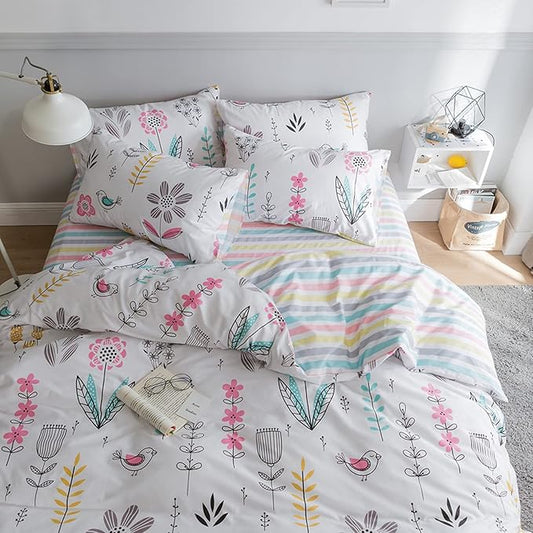 HighBuy Floral Duvet Cover Twin Bedding Set 3 Piece White Bedding Sets Cotton Garden Boho Aesthetic Comforter Cover for Boys Girls Kids Reversible Striped Bedroom Collections,Style03