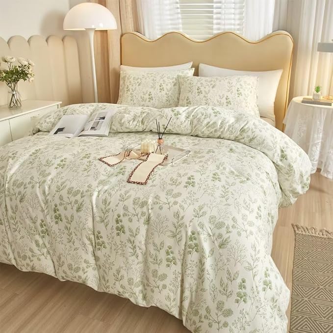 MKXI Country Botanical Comforter Set King Size White with Green Plants Print Lightweight Bedding for Girls All Season Warm Soft Comforter Sage Green Floral