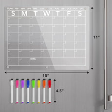Acrylic Magnetic Dry Erase Board Calendar for Fridge, Clear Monthly Planner Whiteboard for Refrigerator, w/ 8 Colors Markers, 15