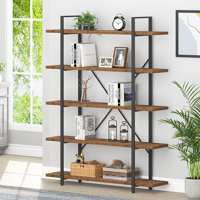 HSH Rustic Bookcases and Book Shelves 5 Shelf, Metal Wood 5 Tier Bookshelf and Storage Book Rack, Vintage Large Book Shelf for Bedroom Living Room Office,Open Vertical Display Etagere Book Case, Brown