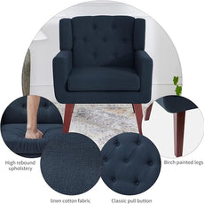 Accent Chair Button-Tufted Upholstered Living Room Chairs Comfy Reading Chair Mid Century Modern Chair with Linen Fabric Lounge Arm Chairs for Living Room Bedroom (Dark Blue)