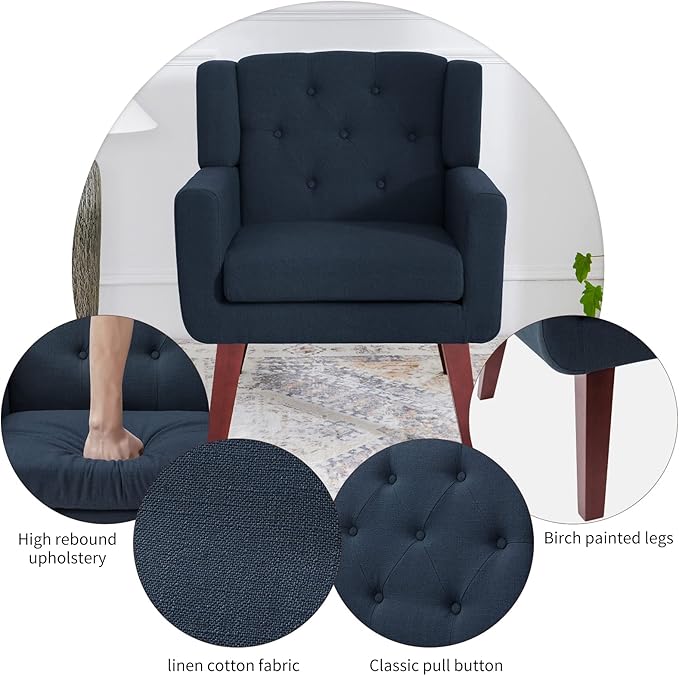 Accent Chair Button-Tufted Upholstered Living Room Chairs Comfy Reading Chair Mid Century Modern Chair with Linen Fabric Lounge Arm Chairs for Living Room Bedroom (Dark Blue)