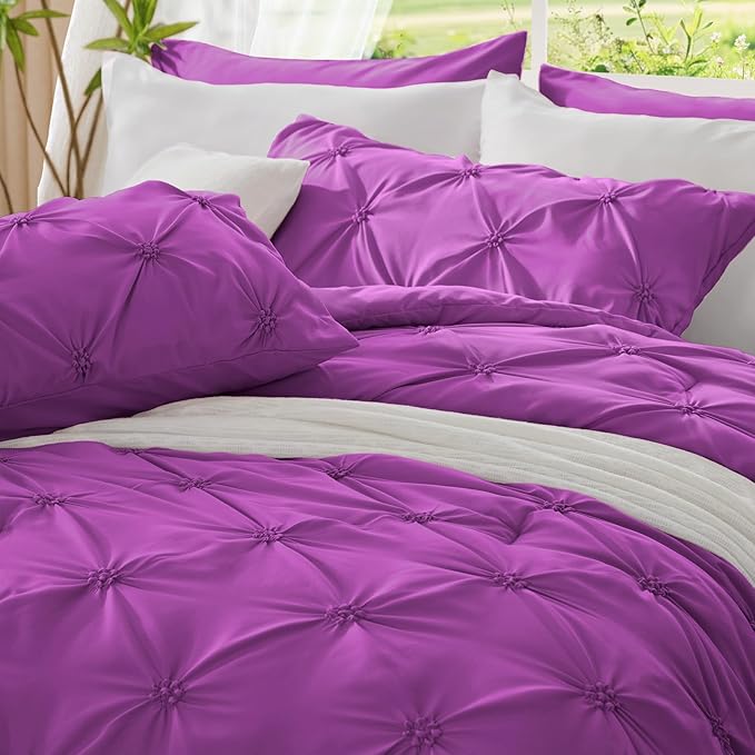 BEDELITE Purple Twin Comforter Set - 2 Peices Boho Pintuck Bedding Comforter Sets, Lightweight Soft & Warm Twin Bedding Sets with 1 Pillowcase for All Season