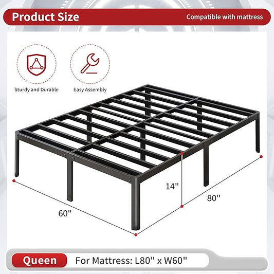 14 Inch Queen Bed Frame Heavy Duty Rounded Corner Legs Platform Bed Frame Queen Size, Easy Assembly, Noise Free, No Box Spring Needed, Black.
