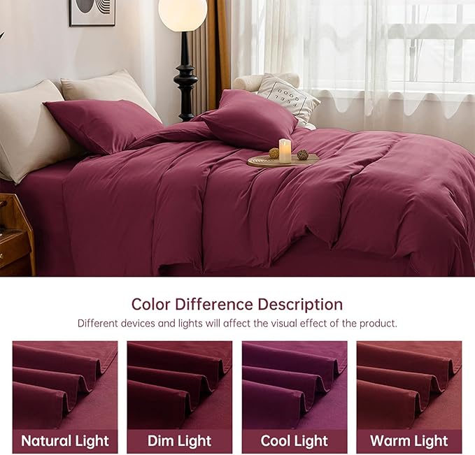 JELLYMONI Burgundy Duvet Cover Queen Size - 100% Washed Cotton Linen Like Textured Comforter Cover, 3 Pieces Breathable Soft Bedding Set with Zipper Closure (Burgundy, Queen 90"x90")