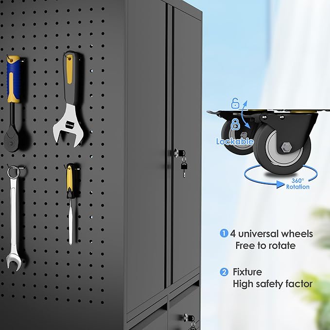 SUXXAN 71" Metal Garage Storage Cabinet with 8 Hooks and Pegboards,2 Drawer Rolling Tool Storage with Locking Doors and Adjustable Shelves,Heavy Duty Steel Tool Cabinet for Garage, Warehouse