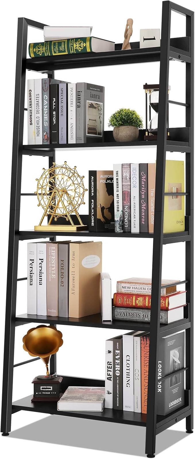 Himimi Black Ladder Bookshelf, 5 Shelf Bookcase Industrial Bookshelf Wood and Metal Bookshelves, Plant Flower Stand Rack Book Storage Shelves for Living Room, Bedroom, Home Office