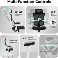 Ergonomic Office Chair High Back Desk Chair with Lumbar Support, Breathable Mesh Computer Chair with Adjustable Armrests Height, Reclining Swivel Big and Tall Gaming Chair for Home Office(White)