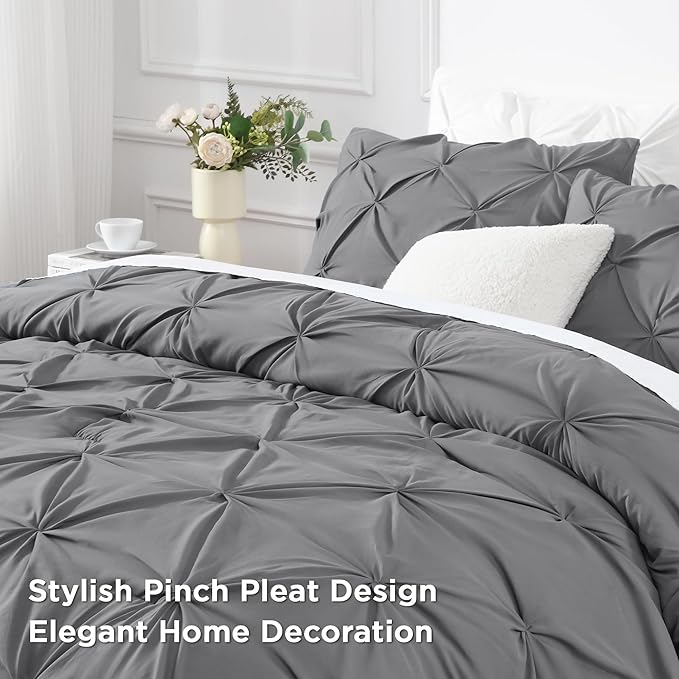 Andency Medium Gray Queen Comforter Set, 3 Piece All Season Decorative Pintuck Bedding Comforter & Sets, Grey Soft Microfiber Lightweight Washable Bed Set for Queen Size Bed